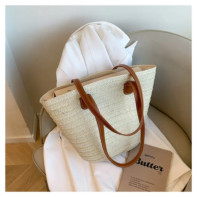 Large Straw Woven Bucket Bag for Beach Vacation & Travel — feature 21