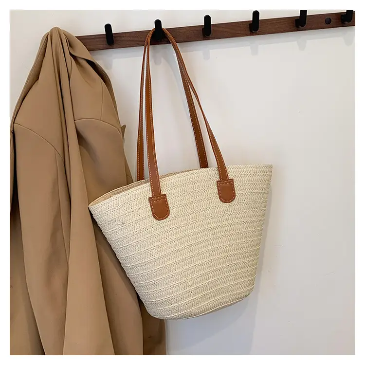 Large Straw Woven Bucket Bag for Beach Vacation & Travel — feature 22