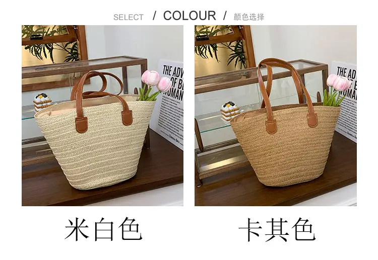 Large Straw Woven Bucket Bag for Beach Vacation & Travel — feature 3