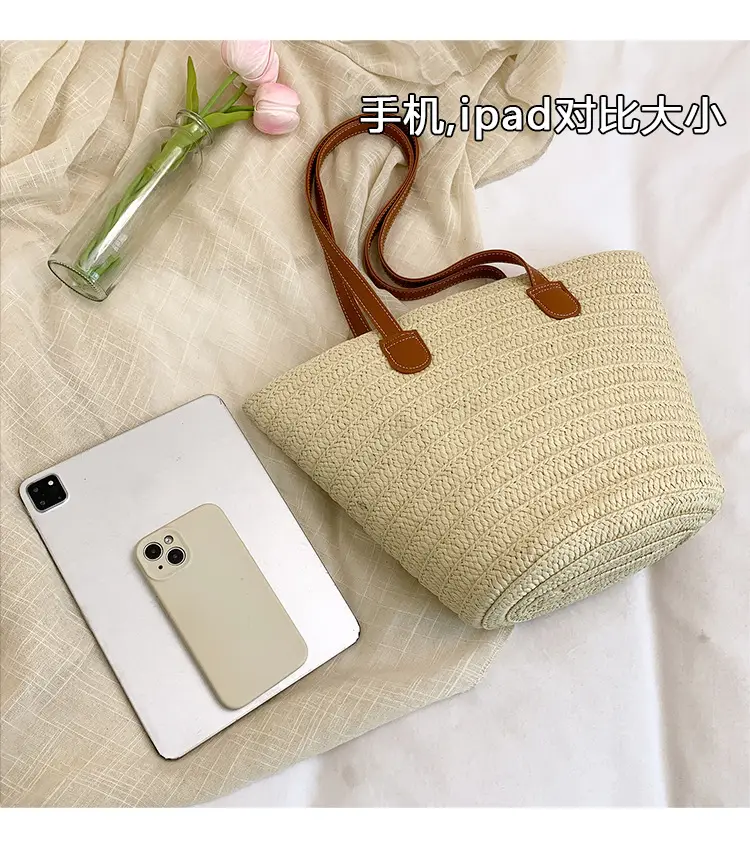 Large Straw Woven Bucket Bag for Beach Vacation & Travel — feature 5