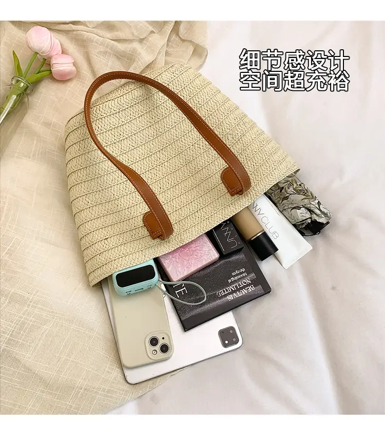 Large Straw Woven Bucket Bag for Beach Vacation & Travel — feature 6