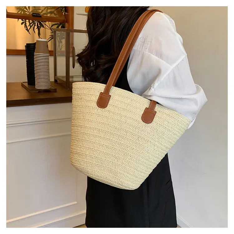 Large Straw Woven Bucket Bag for Beach Vacation & Travel — feature 8