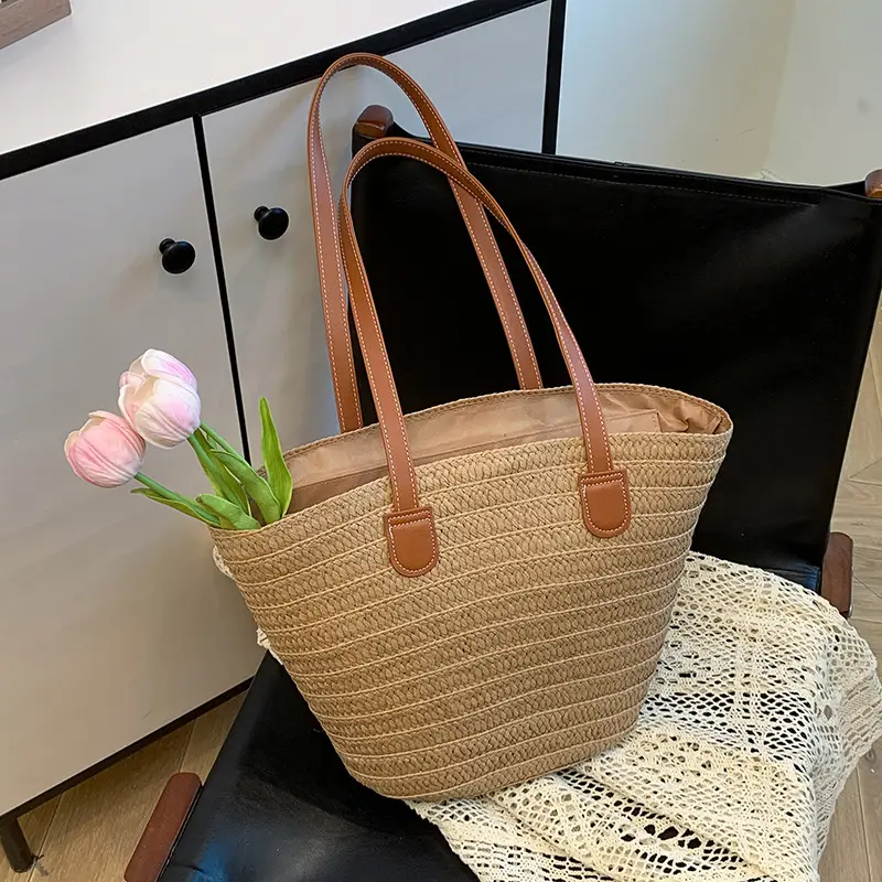 Large Straw Woven Bucket Bag for Beach Vacation & Travel - Image 2