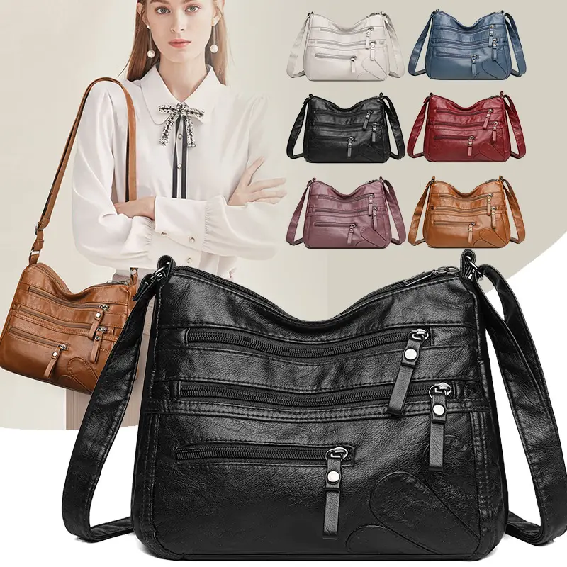 New Soft Leather Multi-Compartment Shoulder Bag Black