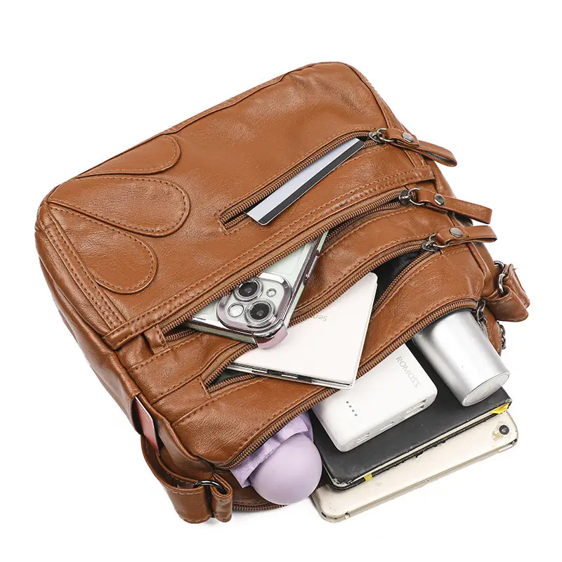 New Soft Leather Multi-Compartment Shoulder Bag Black