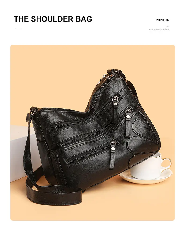 New Soft Leather Multi-Compartment Shoulder Bag Black — feature 10