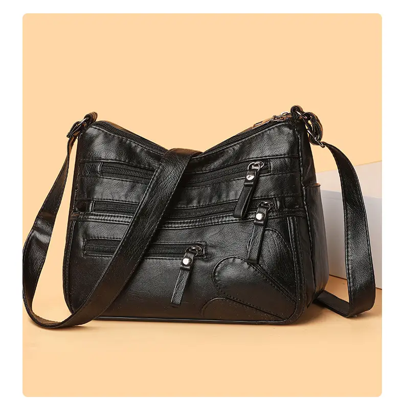 New Soft Leather Multi-Compartment Shoulder Bag Black — feature 17