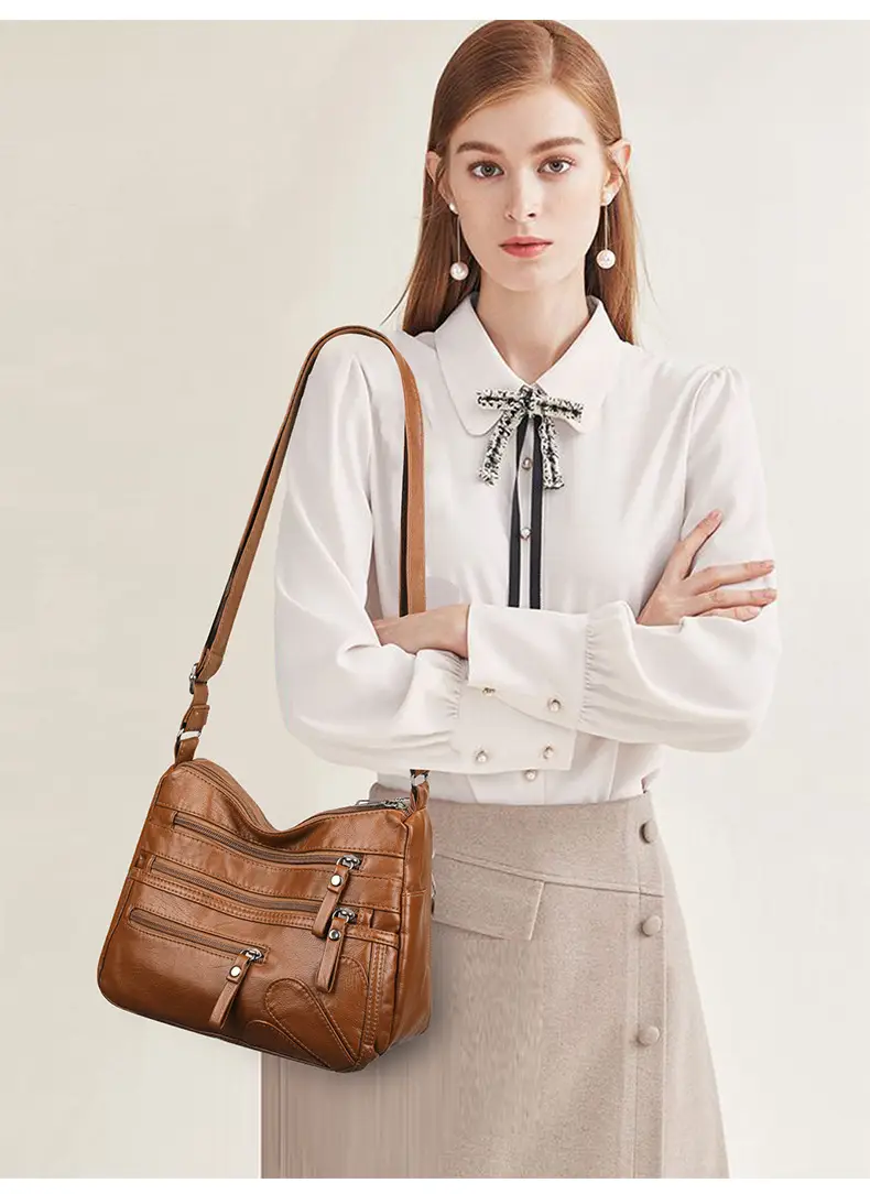 New Soft Leather Multi-Compartment Shoulder Bag Black — feature 20