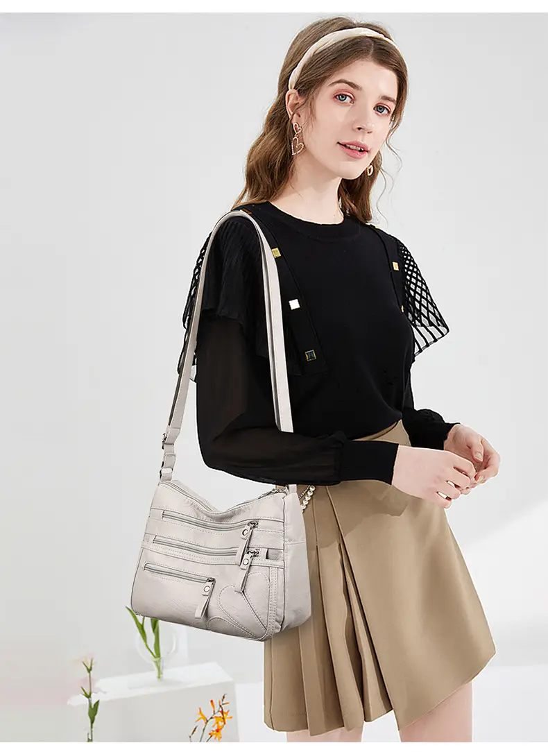 New Soft Leather Multi-Compartment Shoulder Bag Black — feature 21