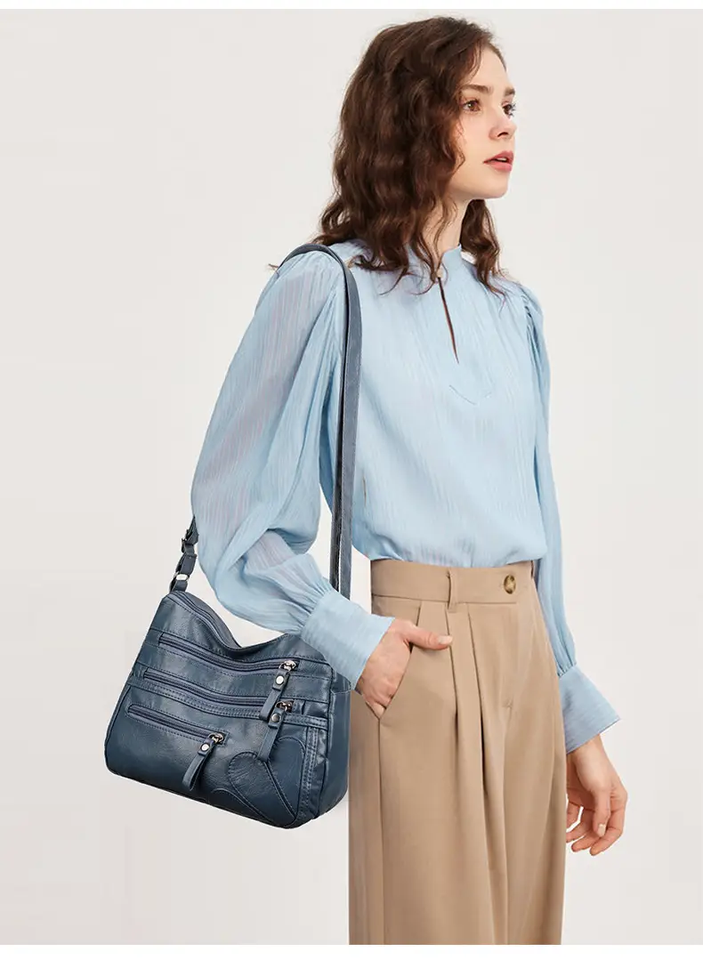 New Soft Leather Multi-Compartment Shoulder Bag Black — feature 22