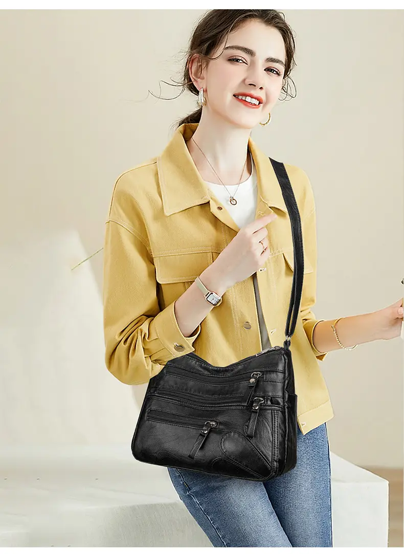 New Soft Leather Multi-Compartment Shoulder Bag Black — feature 23