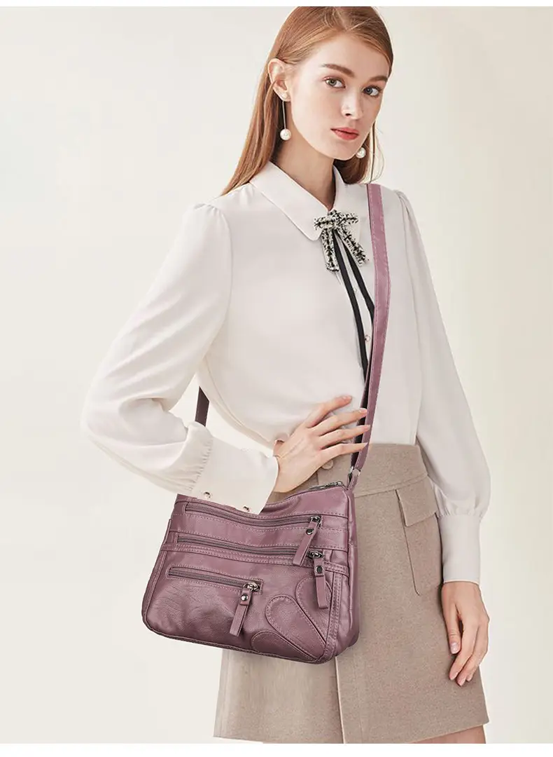 New Soft Leather Multi-Compartment Shoulder Bag Black — feature 24