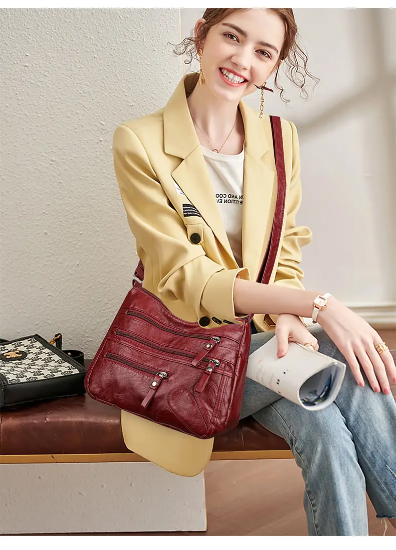 New Soft Leather Multi-Compartment Shoulder Bag Black — feature 25