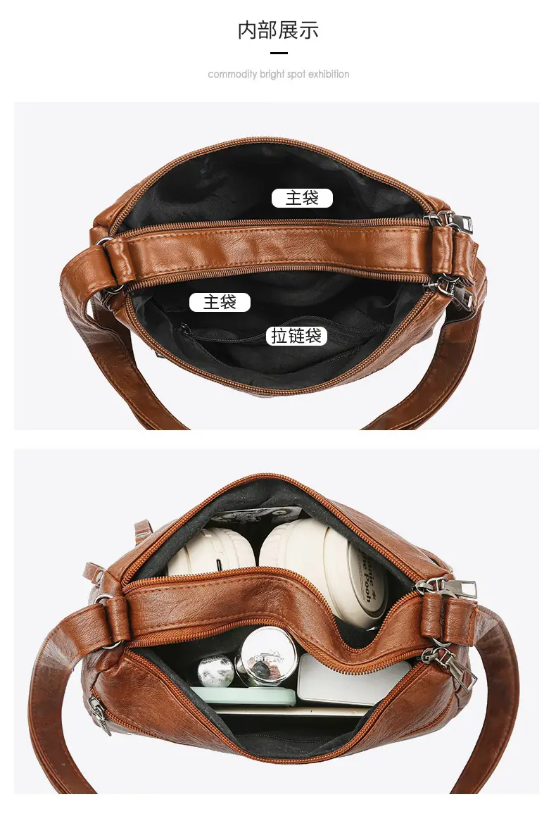 New Soft Leather Multi-Compartment Shoulder Bag Black — feature 41