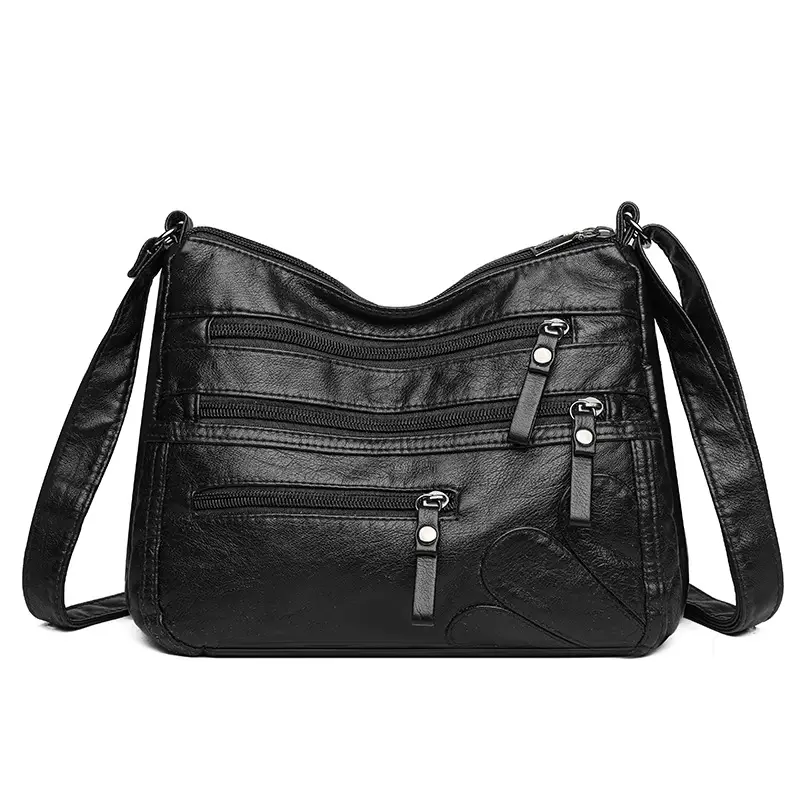 New Soft Leather Multi-Compartment Shoulder Bag Black