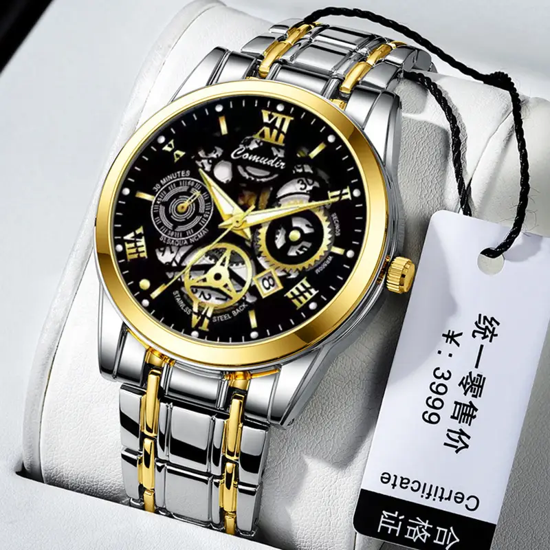 Men's Gold Steel Skeleton Watch with Luminous Dial