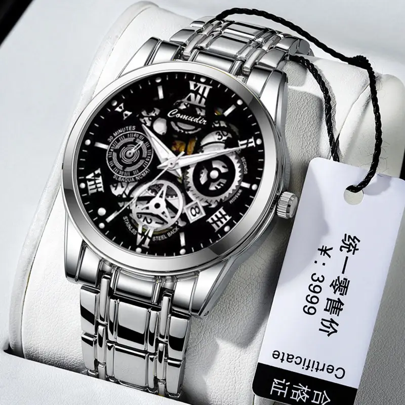 Men's Gold Steel Skeleton Watch with Luminous Dial