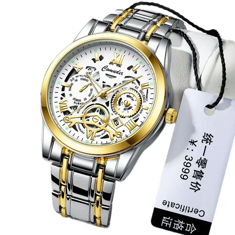 Men's Gold Steel Skeleton Watch with Luminous Dial