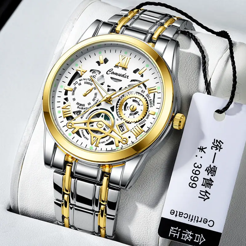 Men's Gold Steel Skeleton Watch with Luminous Dial — feature 11