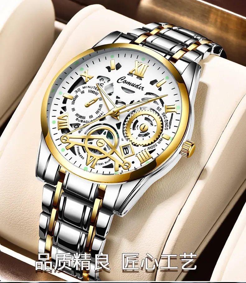 Men's Gold Steel Skeleton Watch with Luminous Dial — feature 6