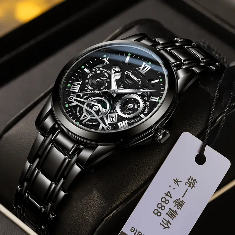 Men's Gold Steel Skeleton Watch with Luminous Dial — feature 7