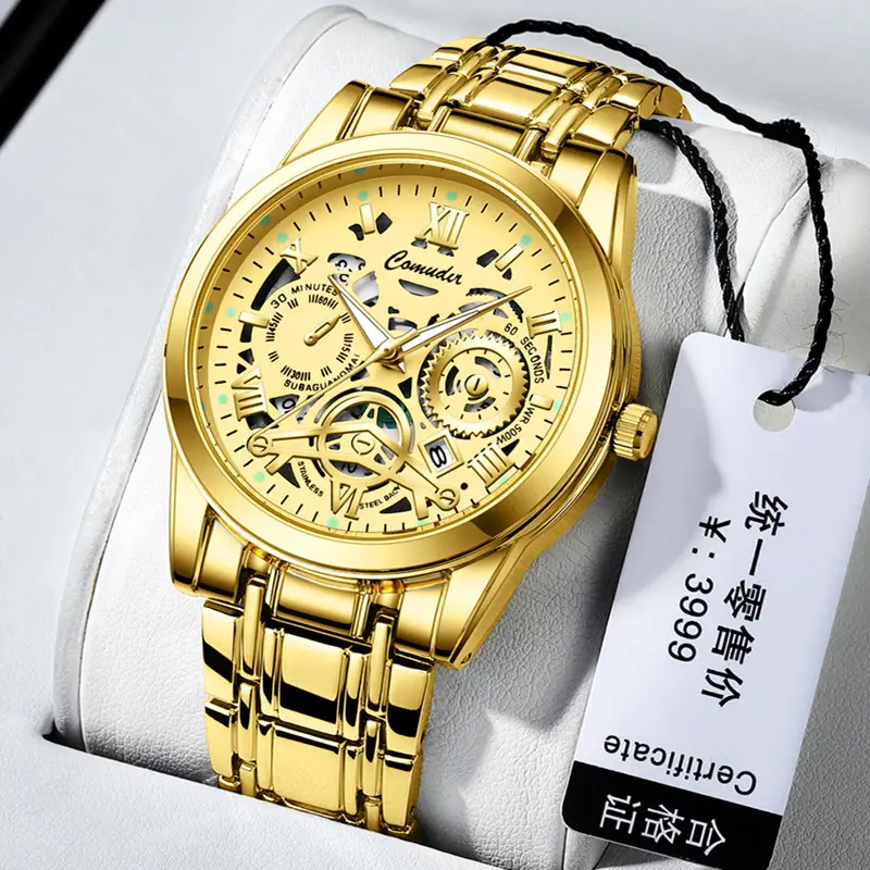 Men's Gold Steel Skeleton Watch with Luminous Dial