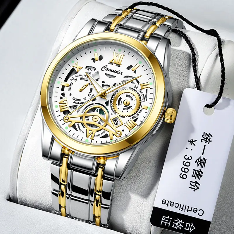 Men's Gold Steel Skeleton Watch with Luminous Dial
