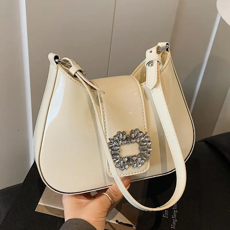 Women's Creamy Texture Shoulder Bag with Crystal Flower Decor