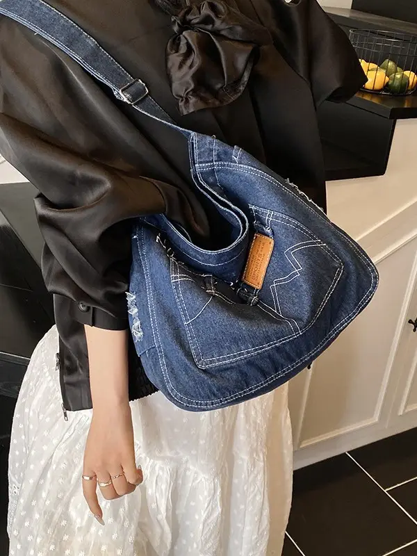 Denim Canvas Shoulder Crossbody Bag with Zip - Image 5
