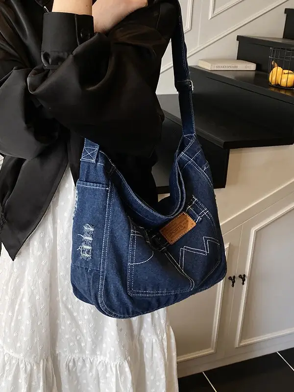 Denim Canvas Shoulder Crossbody Bag with Zip - Image 6