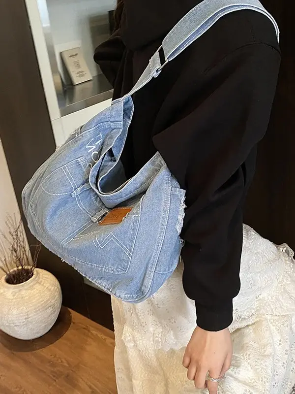 Denim Canvas Shoulder Crossbody Bag with Zip - Image 7