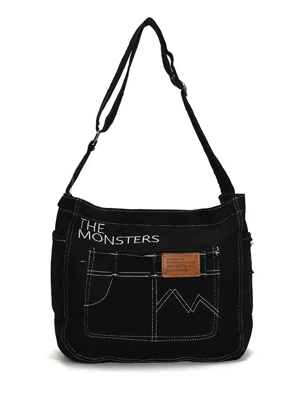 Denim Canvas Shoulder Crossbody Bag with Zip - Image 8