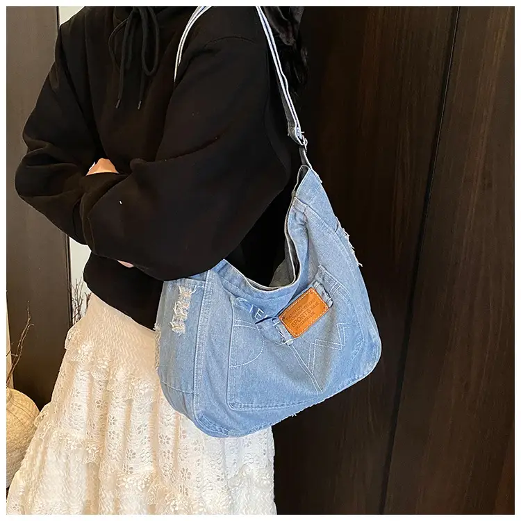 Denim Canvas Shoulder Crossbody Bag with Zip — feature 10