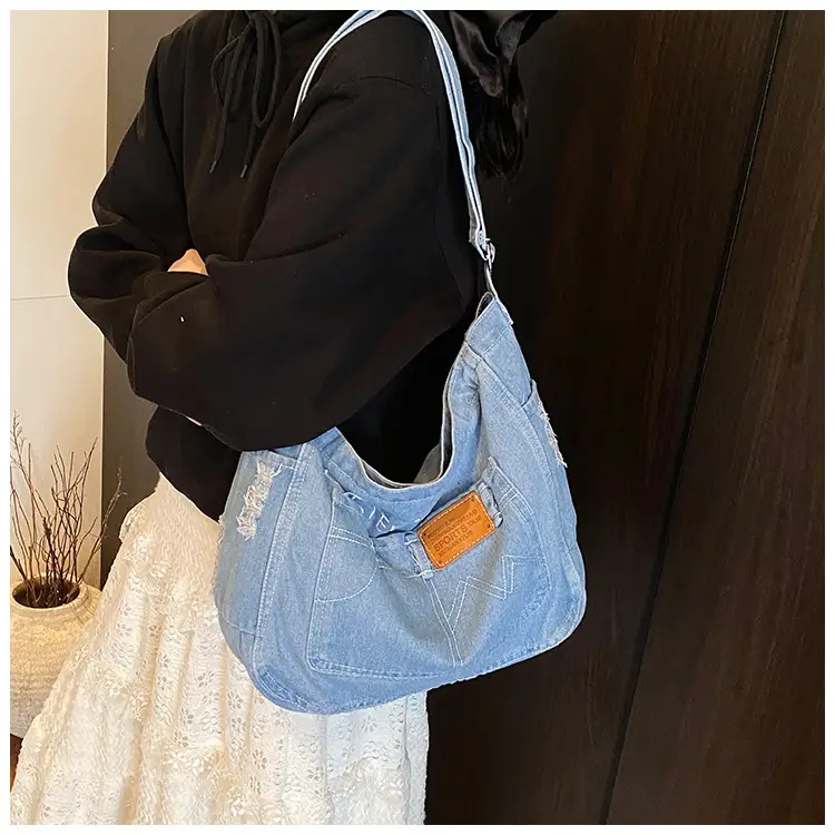 Denim Canvas Shoulder Crossbody Bag with Zip — feature 11