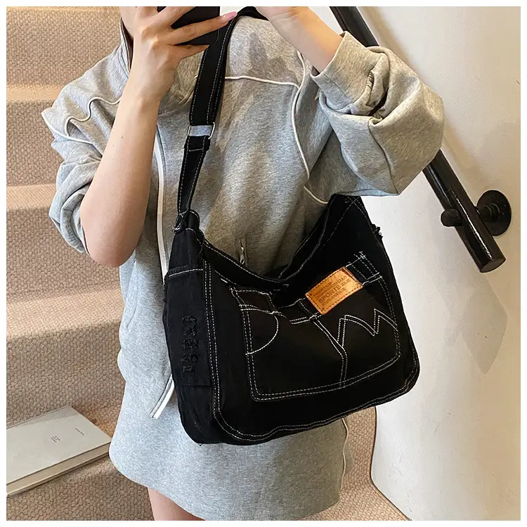 Denim Canvas Shoulder Crossbody Bag with Zip — feature 12