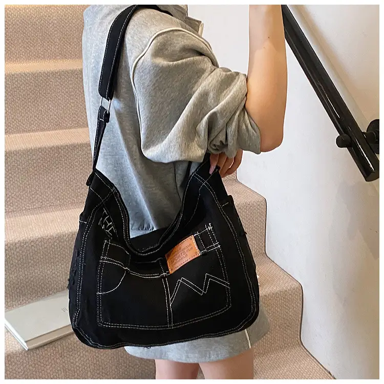 Denim Canvas Shoulder Crossbody Bag with Zip — feature 14