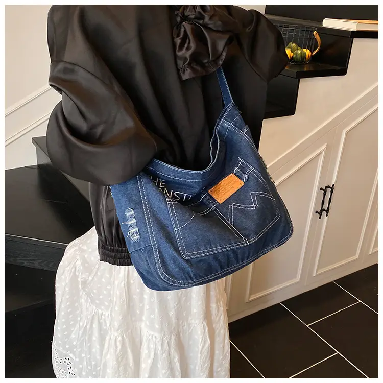 Denim Canvas Shoulder Crossbody Bag with Zip — feature 7