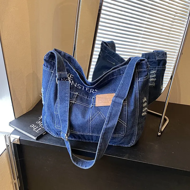 Denim Canvas Shoulder Crossbody Bag with Zip - Image 2