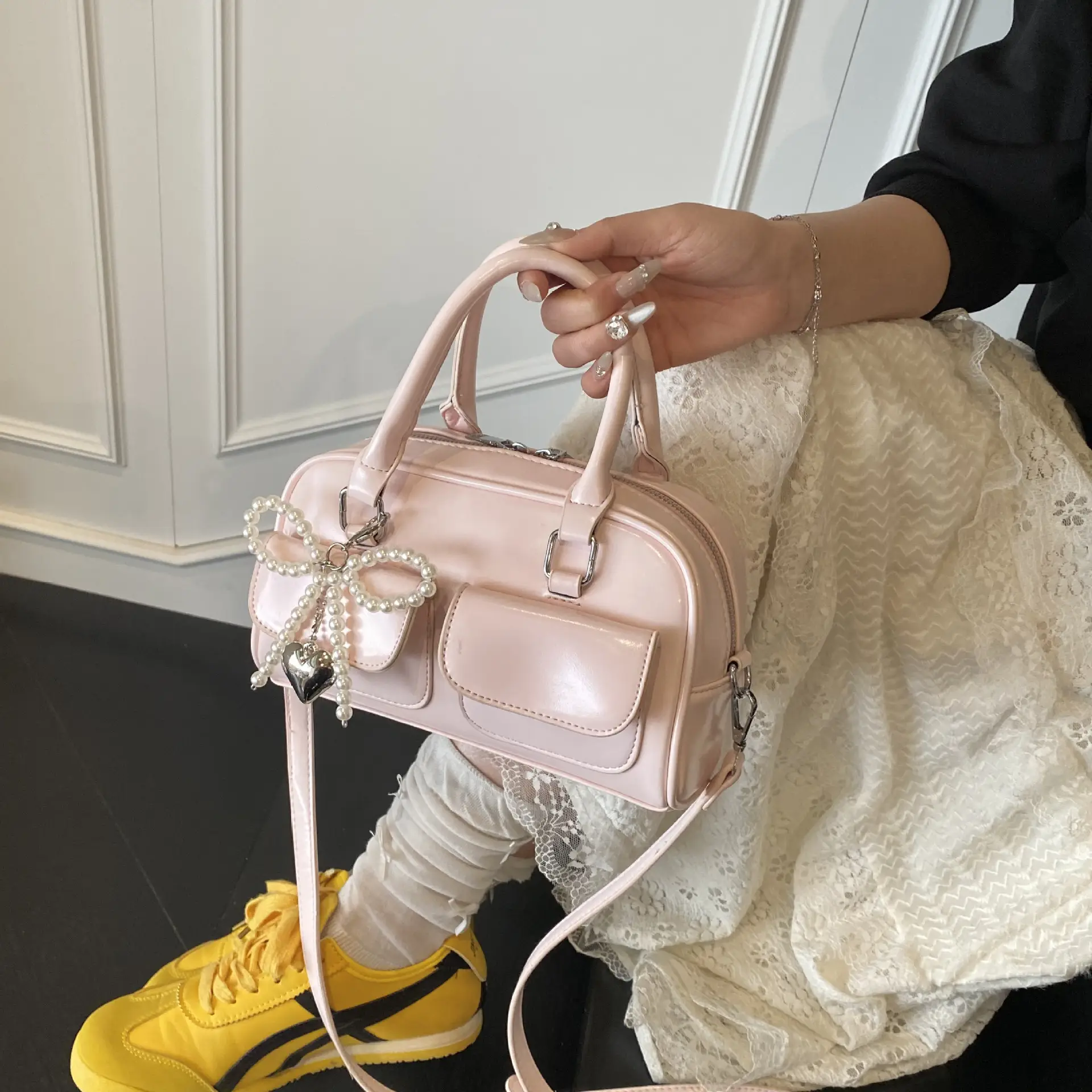 Women's Beige Pearl Bow Shoulder Bag with 2 Pockets
