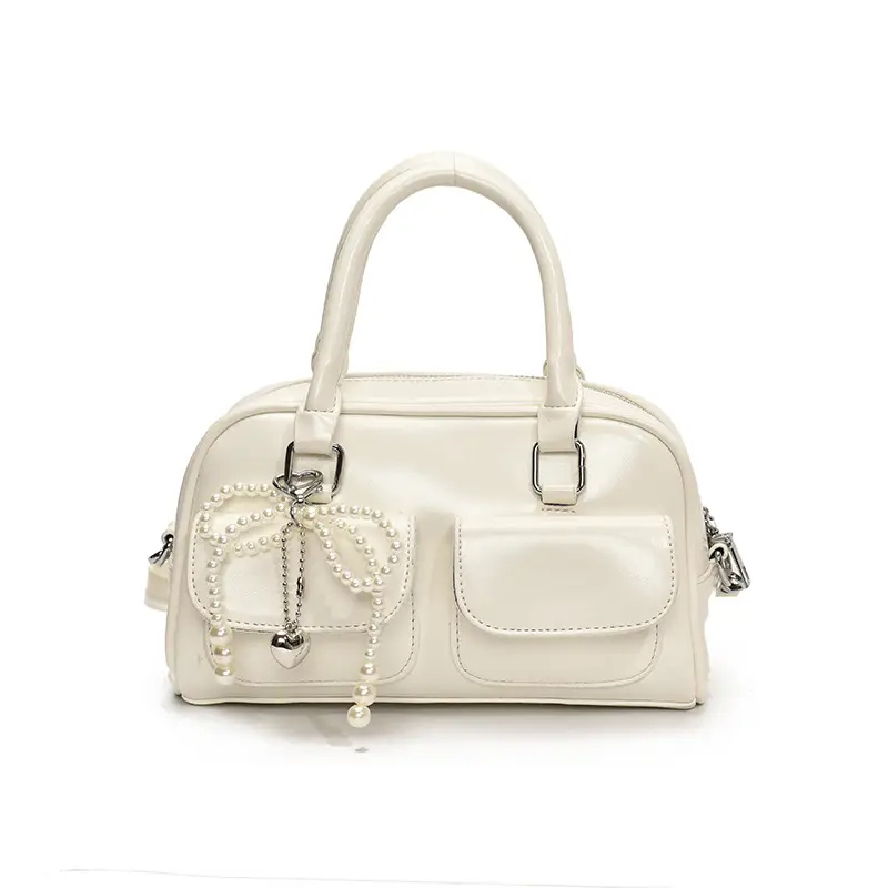 Women's Beige Pearl Bow Shoulder Bag with 2 Pockets