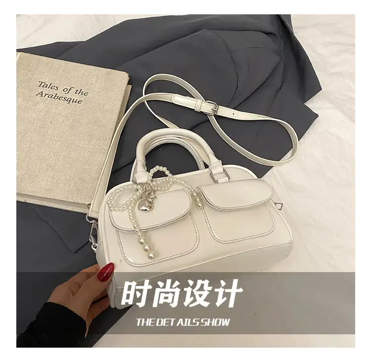 Women's Beige Pearl Bow Shoulder Bag with 2 Pockets — feature 14