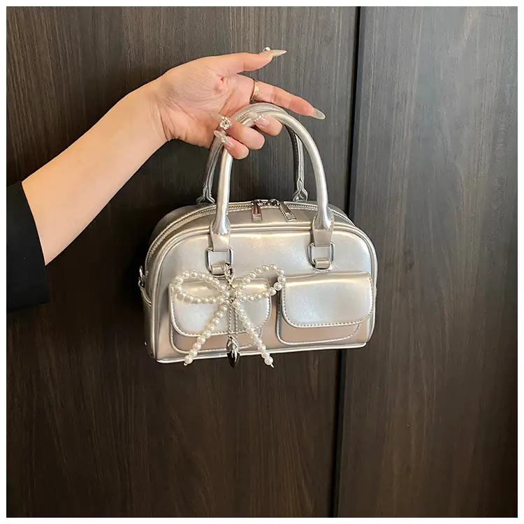 Women's Beige Pearl Bow Shoulder Bag with 2 Pockets — feature 19