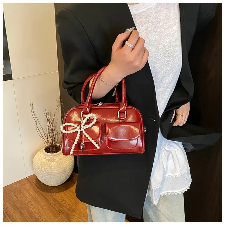 Women's Beige Pearl Bow Shoulder Bag with 2 Pockets — feature 24