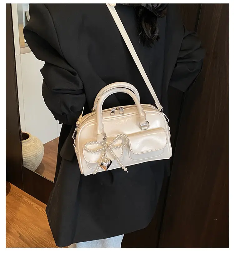 Women's Beige Pearl Bow Shoulder Bag with 2 Pockets — feature 3