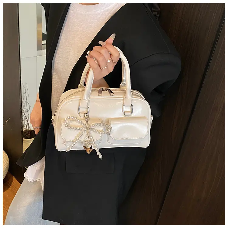 Women's Beige Pearl Bow Shoulder Bag with 2 Pockets — feature 30