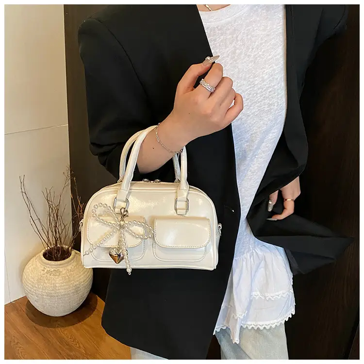 Women's Beige Pearl Bow Shoulder Bag with 2 Pockets — feature 31