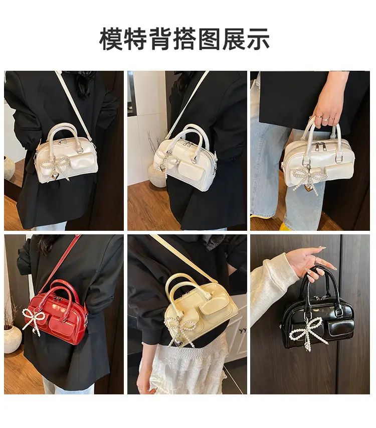 Women's Beige Pearl Bow Shoulder Bag with 2 Pockets — feature 4