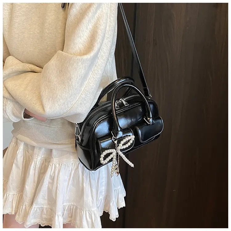 Women's Beige Pearl Bow Shoulder Bag with 2 Pockets — feature 40