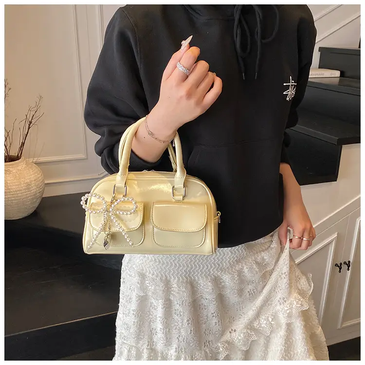 Women's Beige Pearl Bow Shoulder Bag with 2 Pockets — feature 42