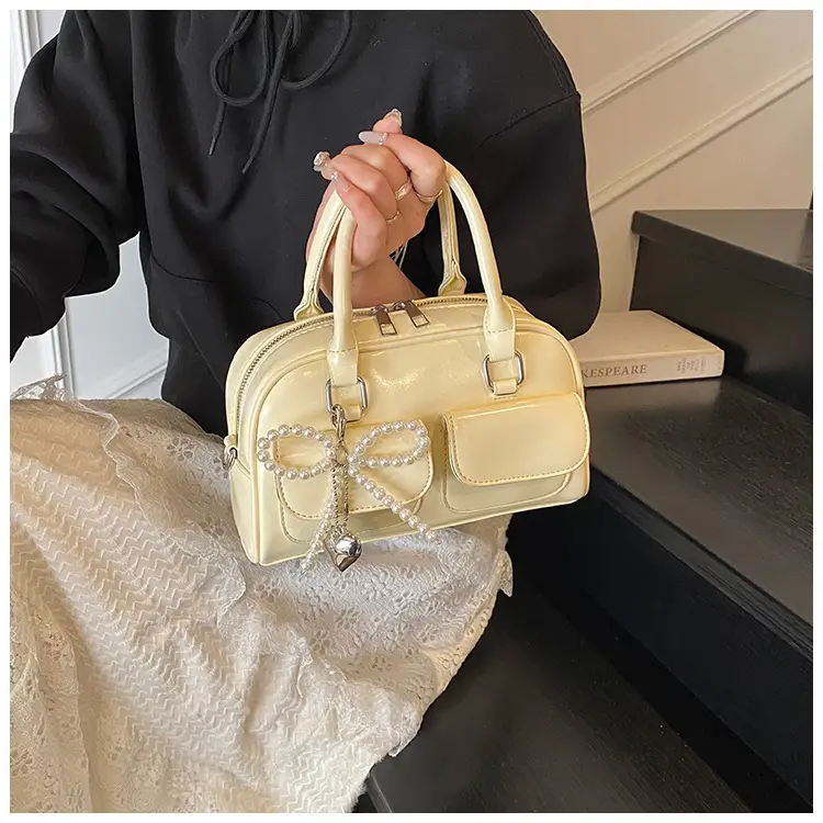 Women's Beige Pearl Bow Shoulder Bag with 2 Pockets — feature 44